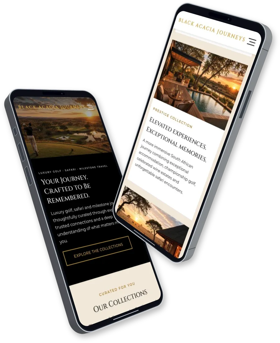The Black Acacia Journeys website on two phones