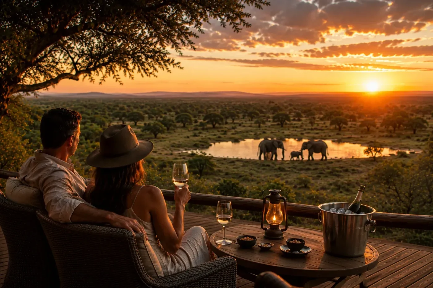 Guests watching elephants at sunset, from the Black Acacia Journeys website