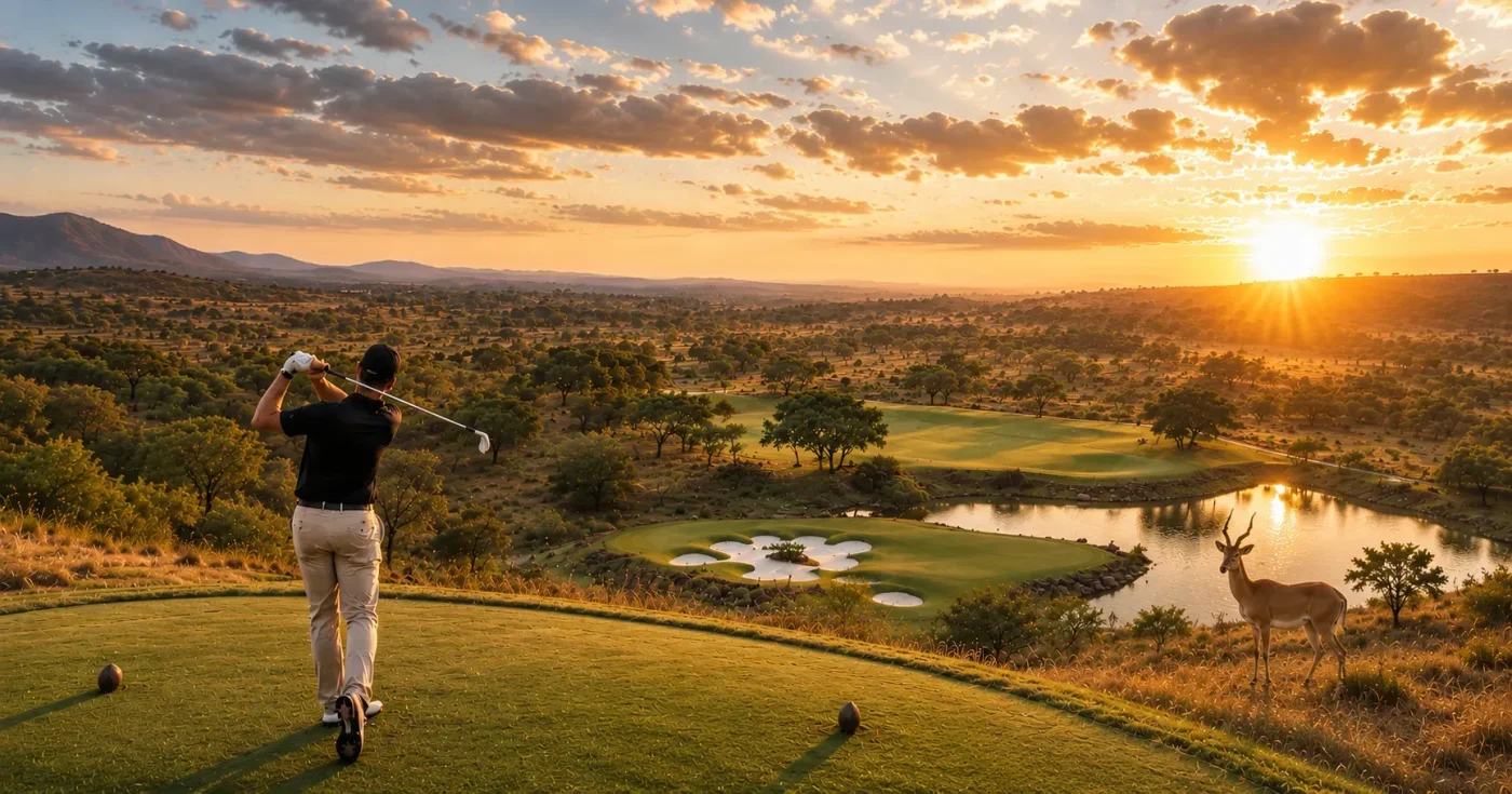 A golfer on a South African course at sunset
