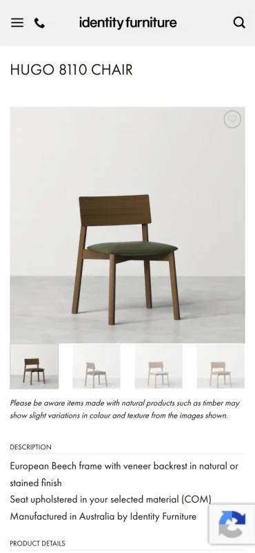 Identity Furniture product page on a phone
