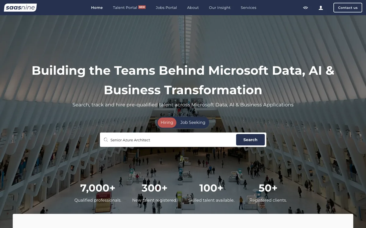 SaaS Nine homepage with the talent search
