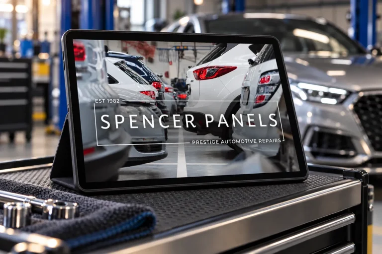 The Spencer Panels website on a tablet in a workshop