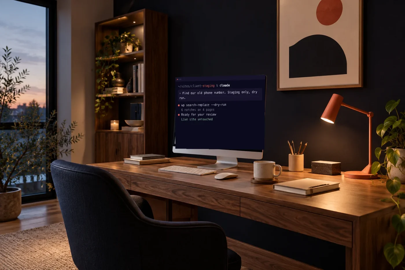 Evening studio desk with a monitor showing an AI coding session searching a staging copy of a website.