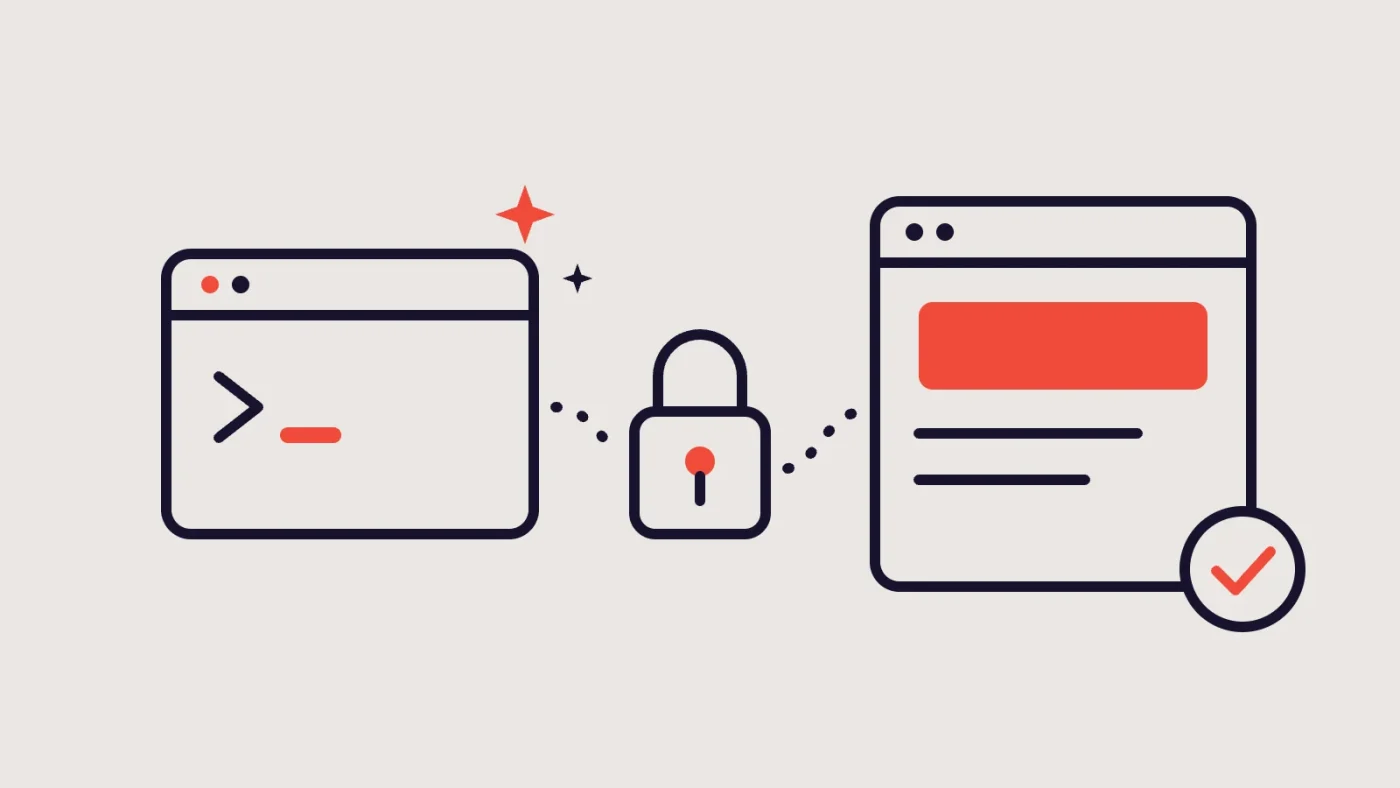 Illustration of an AI coding window connected through a padlock to a website page with an approval tick.