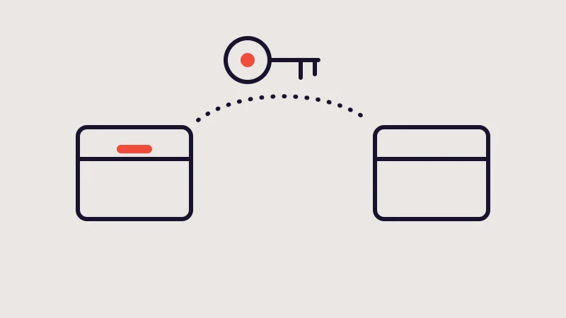 Illustration: Two interlocking shapes, one solid and one outlined, with a small key-shaped notch passing from one to the other, suggesting handover